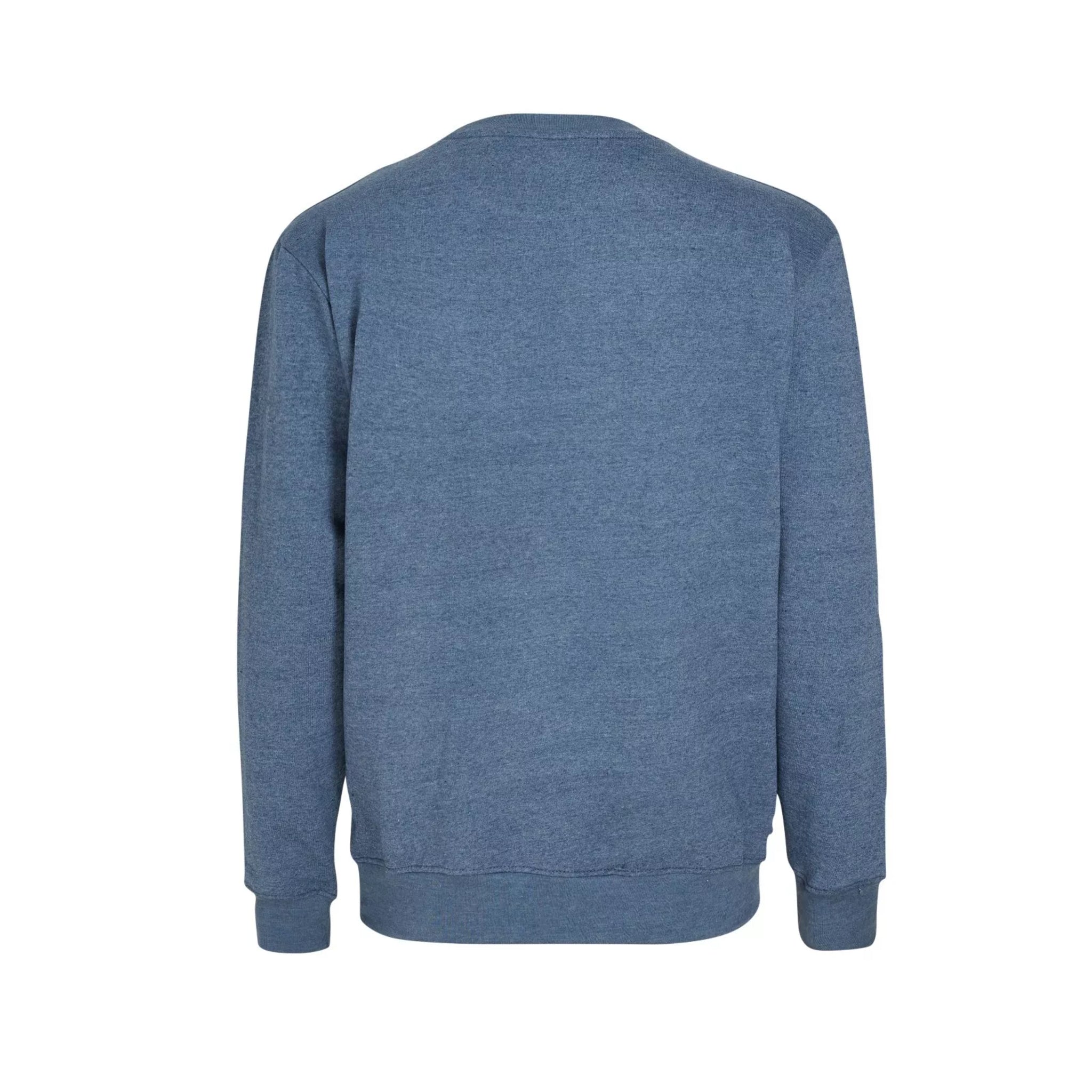 Men's classic crew neck sweatshirt jumper in denim blue with long sleeves and minimalist embroidered chest logo